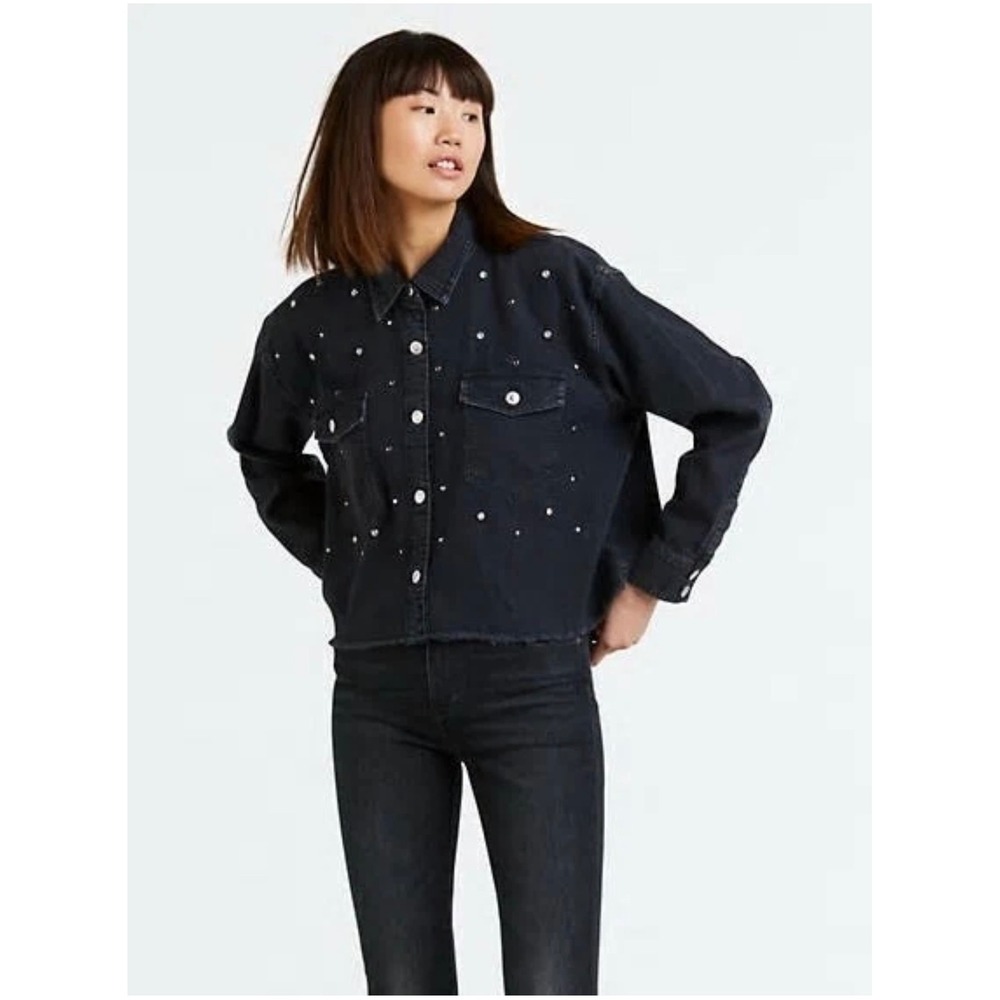 Levis Womens Addison Cropped Studded Denim Shirt Jacket Black Size L